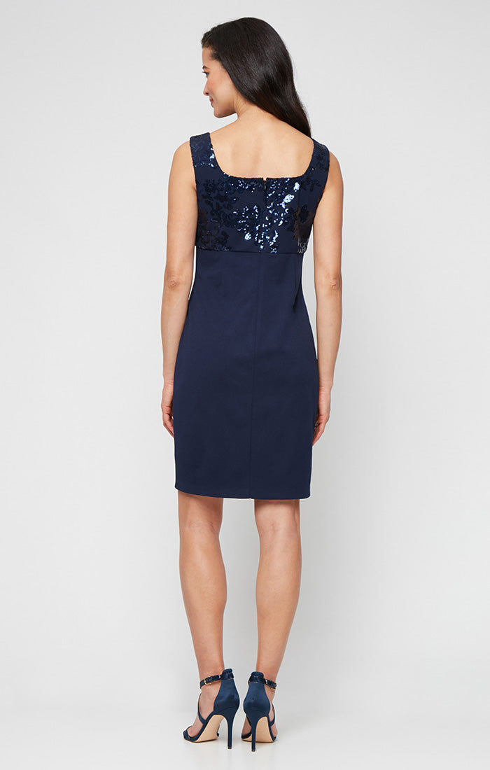 Plus Short Stretch Scuba Crepe Jacket Dress with Sequined Bodice and Elongated Collared Jacket