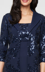 Plus Short Stretch Scuba Crepe Jacket Dress with Sequined Bodice and Elongated Collared Jacket