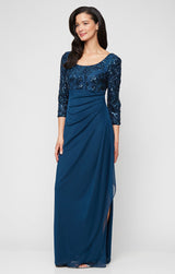 Petite Long Scoop Neck Empire Waist Stretch Sequin Dress with Mesh Cascade Detail Skirt