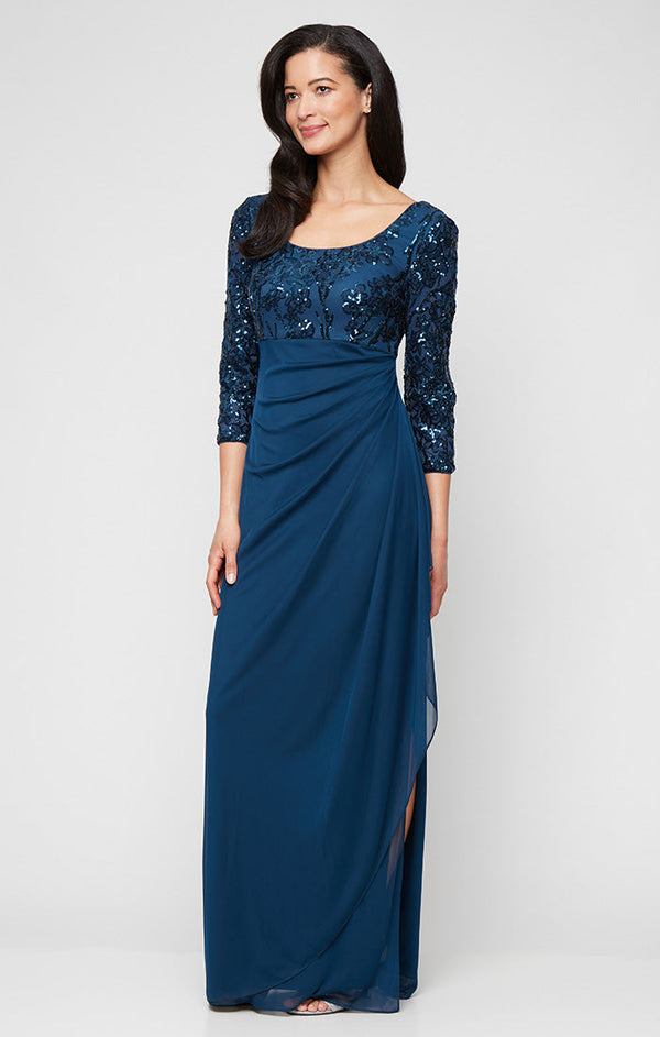 Petite Long Scoop Neck Empire Waist Stretch Sequin Dress with Mesh Cascade Detail Skirt
