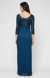 Petite Long Scoop Neck Empire Waist Stretch Sequin Dress with Mesh Cascade Detail Skirt