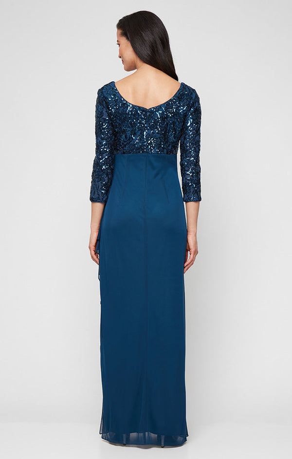Petite Long Scoop Neck Empire Waist Stretch Sequin Dress with Mesh Cascade Detail Skirt