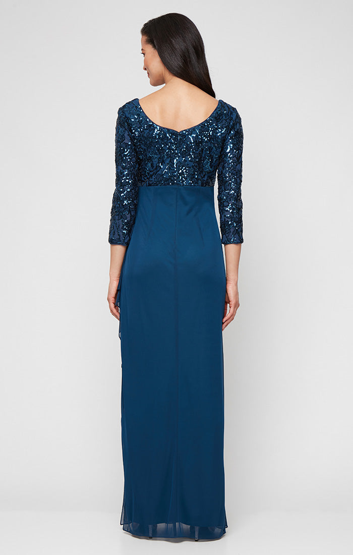 Petite Long Scoop Neck Empire Waist Stretch Sequin Dress with Mesh Cascade Detail Skirt