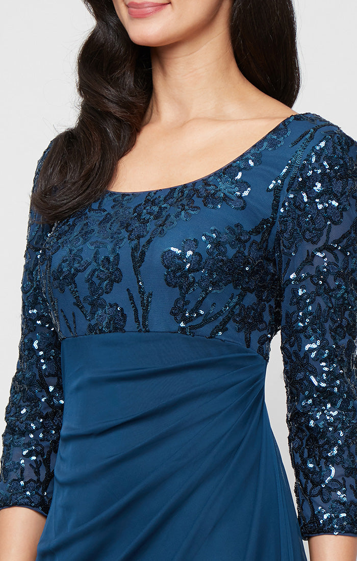 Petite Long Scoop Neck Empire Waist Stretch Sequin Dress with Mesh Cascade Detail Skirt