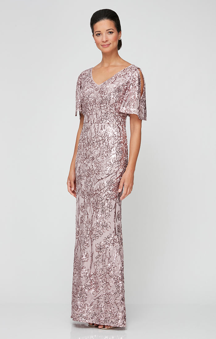 Caroline Flutter Sleeve Sequin Gown