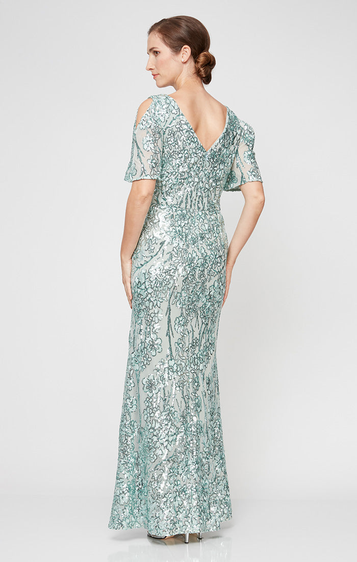 Caroline Flutter Sleeve Sequin Gown