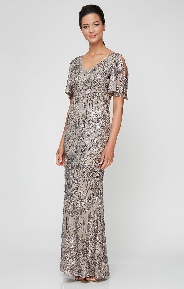 Caroline Flutter Sleeve Sequin Gown