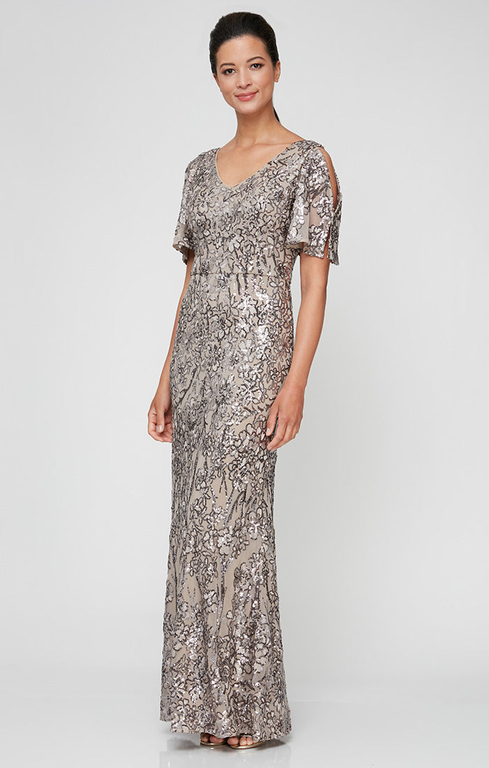 Caroline Flutter Sleeve Sequin Gown