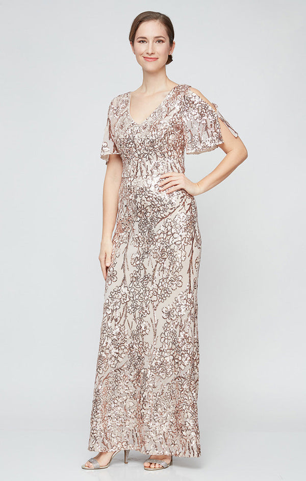 Regular- Caroline Flutter Sleeve Sequin Gown