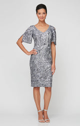 Regular - V-Neck Sequin Cocktail Dress with Cold Shoulder Flutter Sleeves
