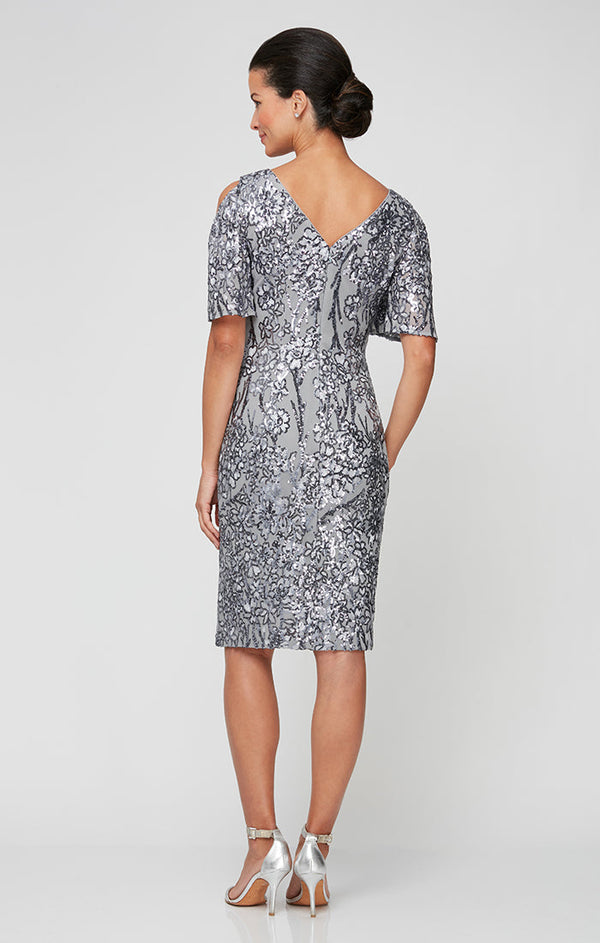 Regular - V-Neck Sequin Cocktail Dress with Cold Shoulder Flutter Sleeves