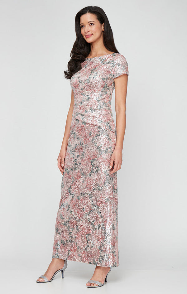 Printed Stretch Sequin Column Dress with Short Sleeves and Ruched Waist