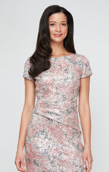 Printed Stretch Sequin Column Dress with Short Sleeves and Ruched Waist