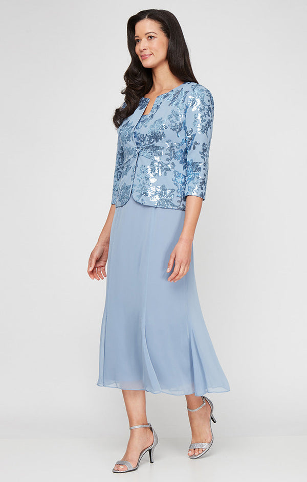 Plus Tea Length Stretch Crepe Sequin Mock Jacket Dress with Square Neckline, Chiffon Skirt and Center Front Button Closure