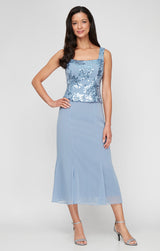 Plus Tea Length Stretch Crepe Sequin Mock Jacket Dress with Square Neckline, Chiffon Skirt and Center Front Button Closure