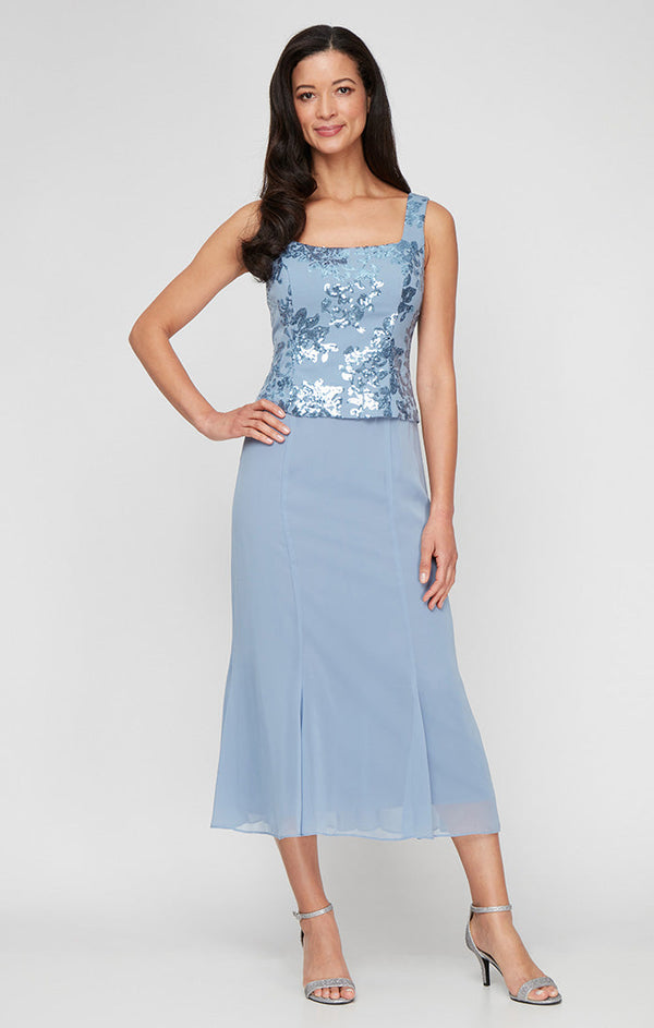 Plus Tea Length Stretch Crepe Sequin Mock Jacket Dress with Square Neckline, Chiffon Skirt and Center Front Button Closure