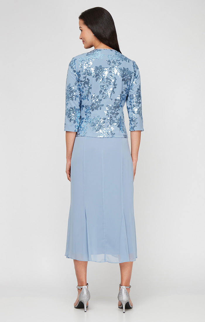 Plus Tea Length Stretch Crepe Sequin Mock Jacket Dress with Square Neckline, Chiffon Skirt and Center Front Button Closure