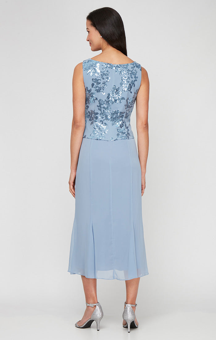 Plus Tea Length Stretch Crepe Sequin Mock Jacket Dress with Square Neckline, Chiffon Skirt and Center Front Button Closure
