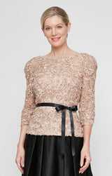 Petite 3/4 Sleeve Soutache Blouse with Puff Shoulder Sleeve Detail, Illusion Neckline and Tie Belt