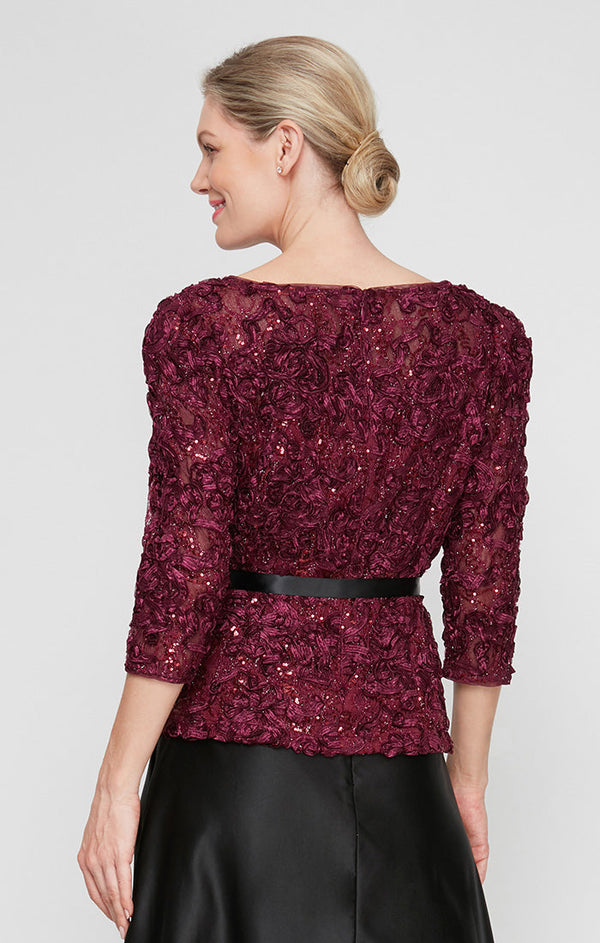 Petite 3/4 Sleeve Soutache Blouse with Puff Shoulder Sleeve Detail, Illusion Neckline and Tie Belt