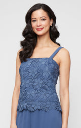 3/4 Sleeve Lace Twinset with Square Neck Tank, Open Jacket and Scallop Detail