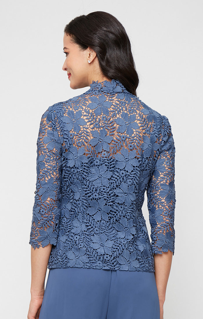 3/4 Sleeve Lace Twinset with Square Neck Tank, Open Jacket and Scallop Detail