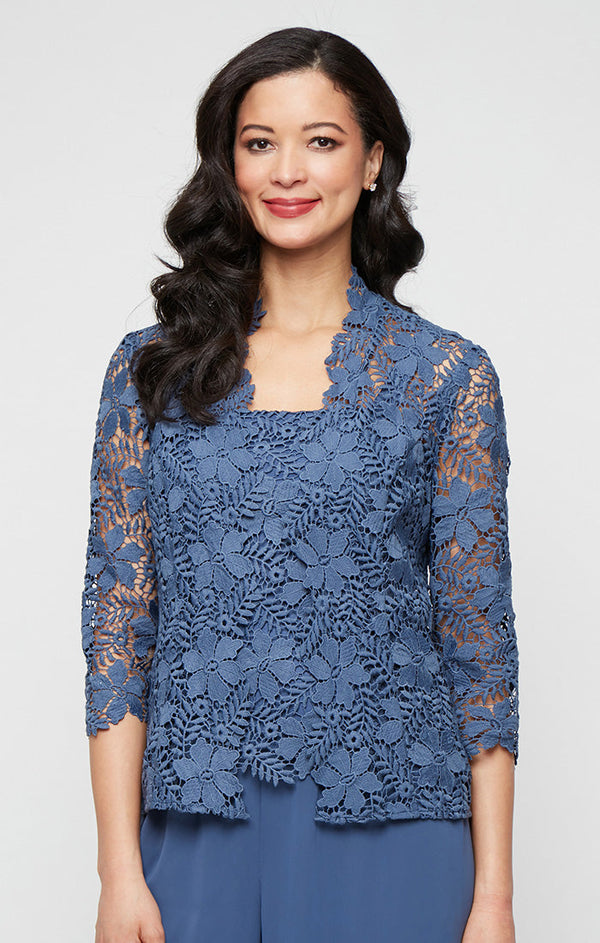 3/4 Sleeve Lace Twinset with Square Neck Tank, Open Jacket and Scallop Detail