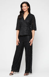 3/4 Sleeve Sequin Stretch Lace Side Closure Blouse with A-Line Sleeves