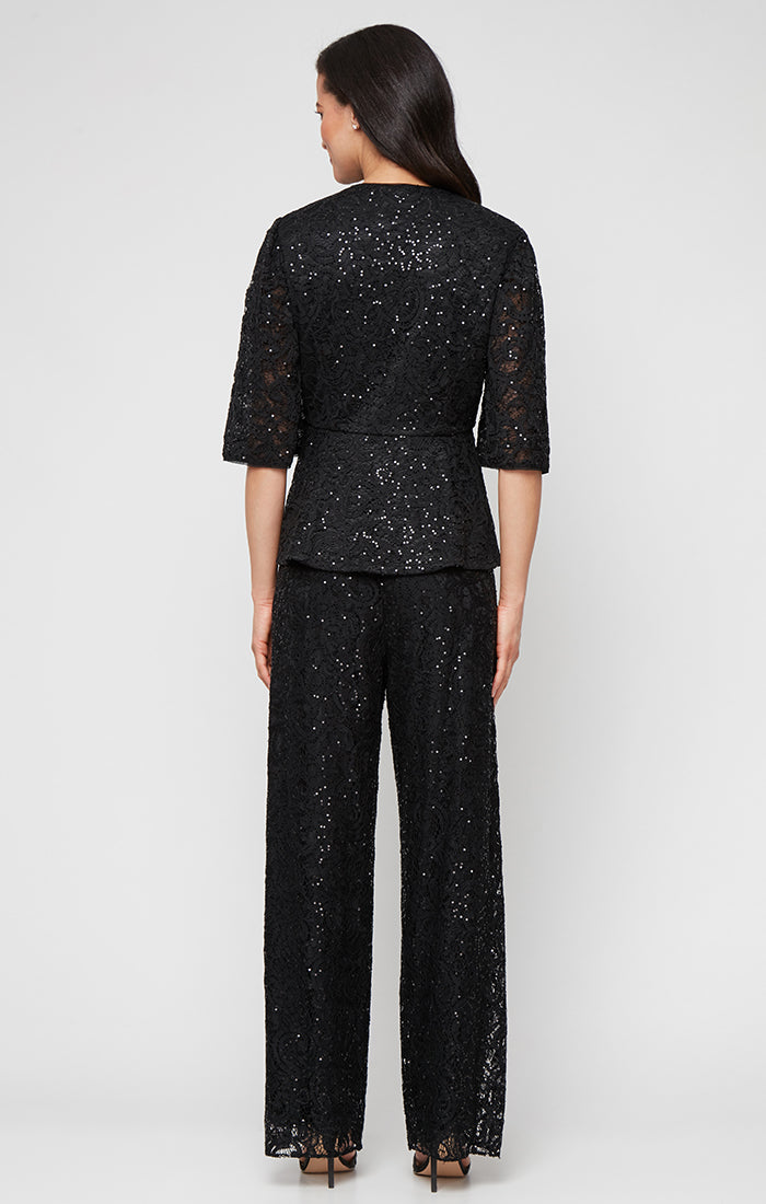 3/4 Sleeve Sequin Stretch Lace Side Closure Blouse with A-Line Sleeves