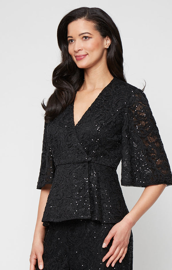 3/4 Sleeve Sequin Stretch Lace Side Closure Blouse with A-Line Sleeves