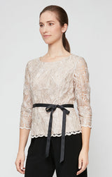 Embroidered Stretch Tulle Blouse with Scallop Detail, Illusion Sleeves and Tie Belt