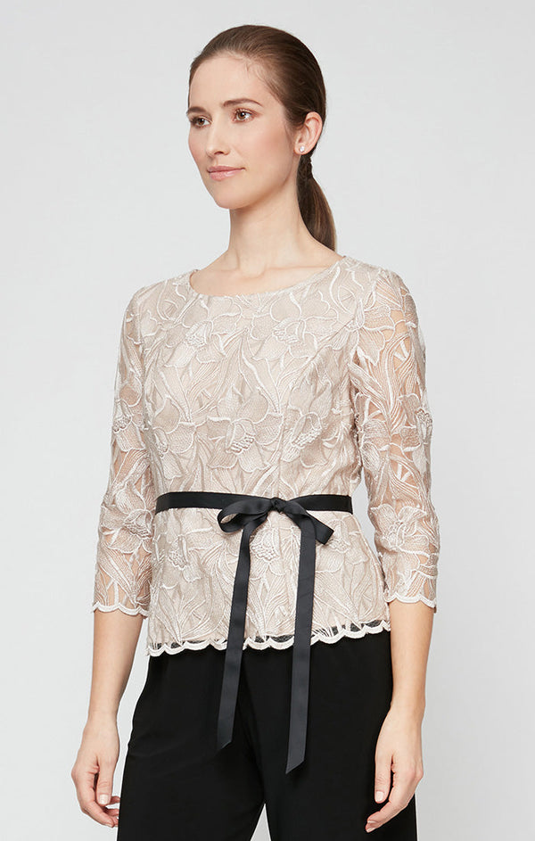 Embroidered Stretch Tulle Blouse with Scallop Detail, Illusion Sleeves and Tie Belt