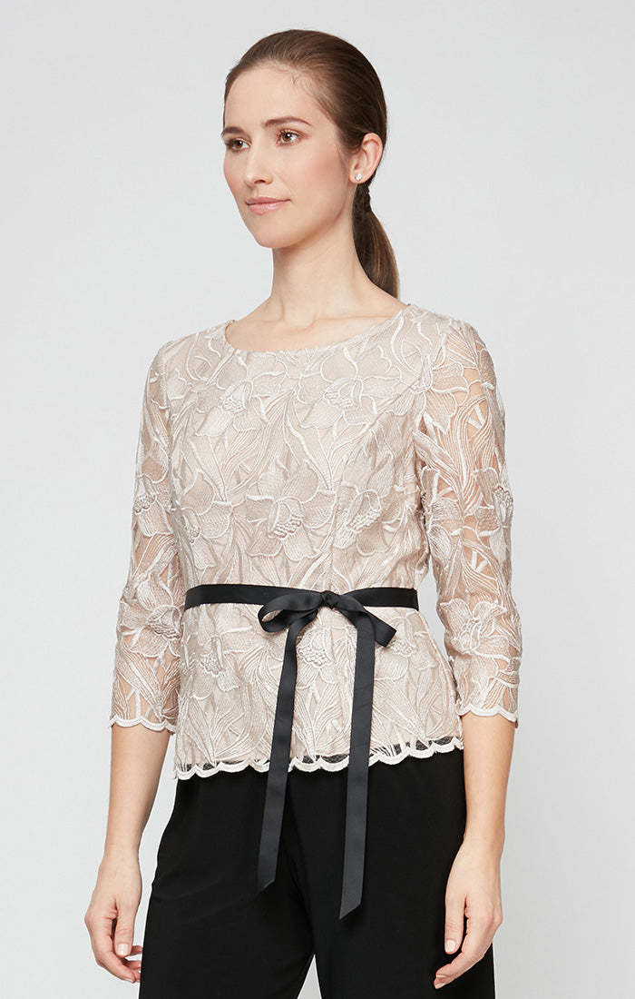 Embroidered Stretch Tulle Blouse with Scallop Detail, Illusion Sleeves and Tie Belt