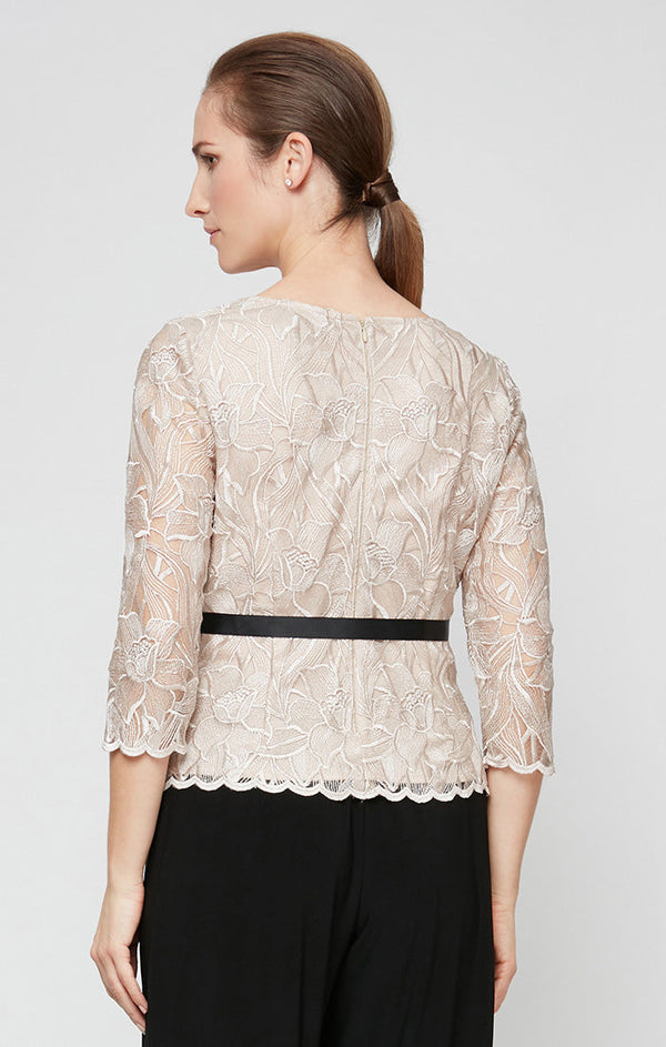 Embroidered Stretch Tulle Blouse with Scallop Detail, Illusion Sleeves and Tie Belt