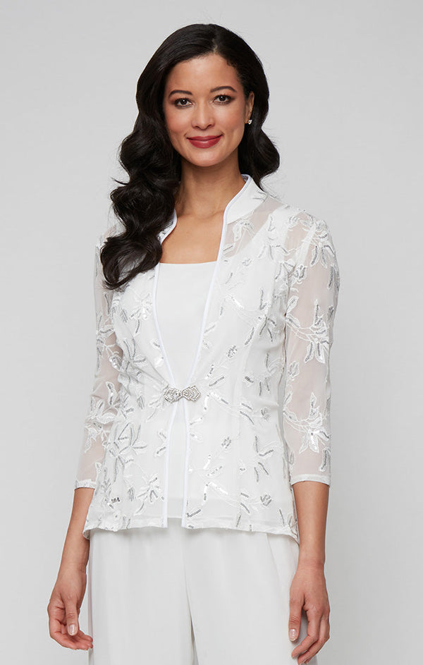 3/4 Sleeve Embroidered Twinset with Square Neck Chiffon Tank and Embellished Closure Jacket