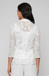 3/4 Sleeve Embroidered Twinset with Square Neck Chiffon Tank and Embellished Closure Jacket