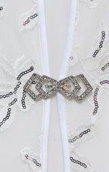 3/4 Sleeve Embroidered Twinset with Square Neck Chiffon Tank and Embellished Closure Jacket