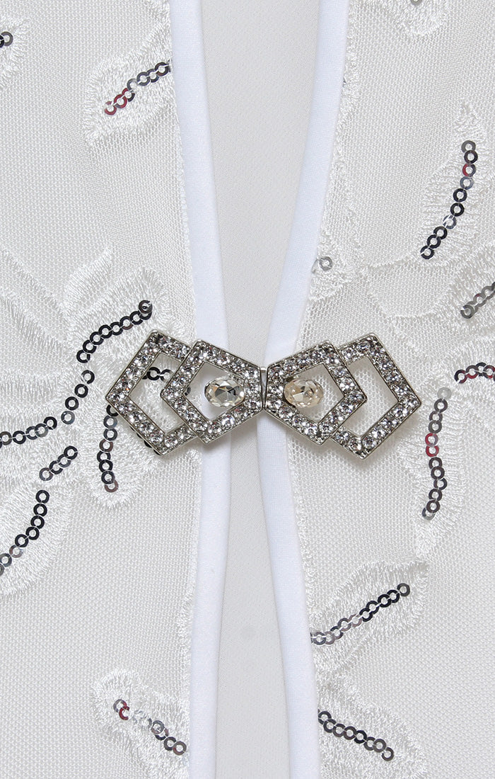 3/4 Sleeve Embroidered Twinset with Square Neck Chiffon Tank and Embellished Closure Jacket