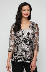 3/4 Sleeve Embroidered Tulle Twinset with Scoop Neck Tank and Elongated Center Front Closure Jacket