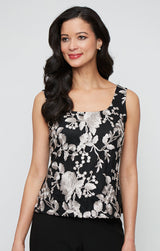 3/4 Sleeve Embroidered Tulle Twinset with Scoop Neck Tank and Elongated Center Front Closure Jacket