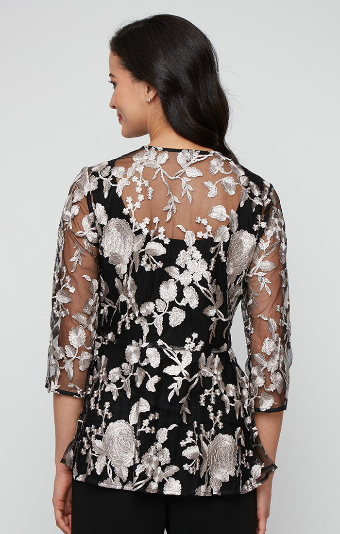3/4 Sleeve Embroidered Tulle Twinset with Scoop Neck Tank and Elongated Center Front Closure Jacket