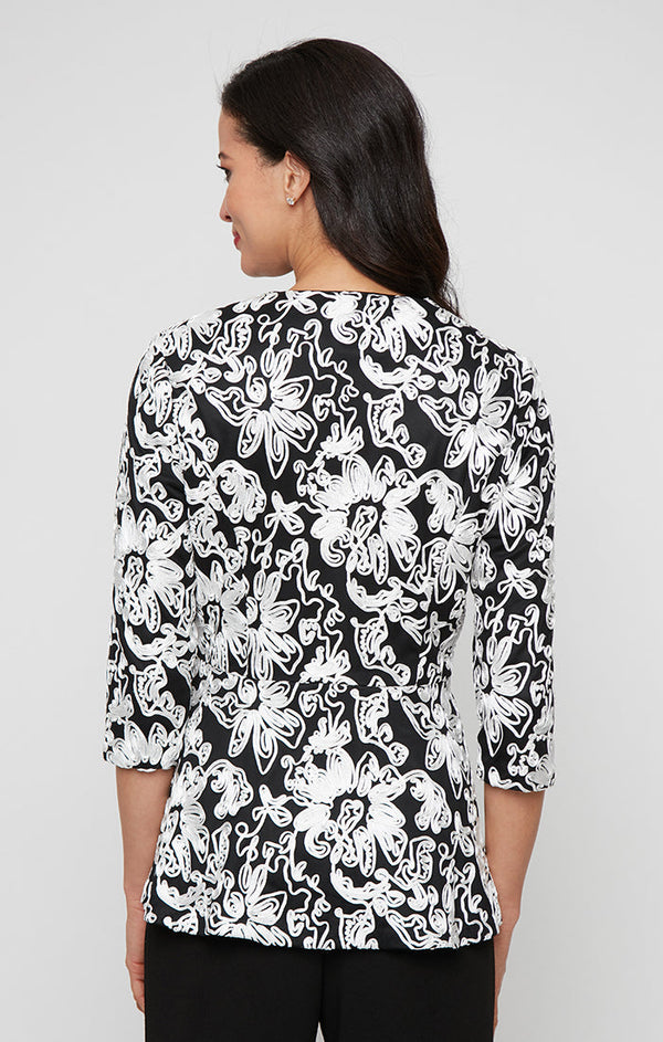 3/4 Sleeve Soutache Zip Jacket with High/Low Peplum Hem