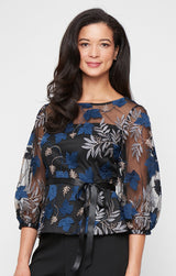 3/4 Sleeve Embroidered Blouse with Illusion Neckline, Bubble Hem Sleeves and Tie Belt