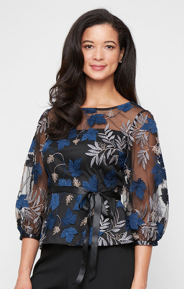 3/4 Sleeve Embroidered Blouse with Illusion Neckline, Bubble Hem Sleeves and Tie Belt