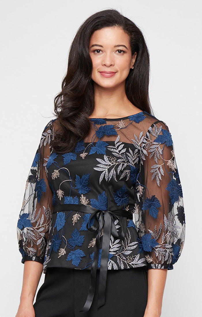 3/4 Sleeve Embroidered Blouse with Illusion Neckline, Bubble Hem Sleeves and Tie Belt