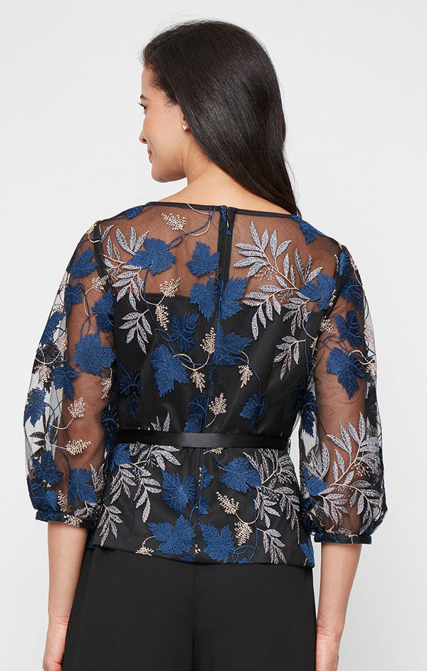 3/4 Sleeve Embroidered Blouse with Illusion Neckline, Bubble Hem Sleeves and Tie Belt