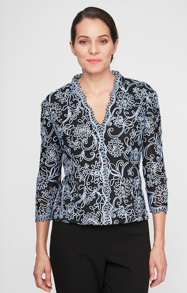 Petite 3/4 Sleeve Embroidered Blouse with Center Front Scallop Detail and Illusion Sleeves