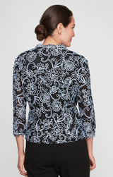 Petite 3/4 Sleeve Embroidered Blouse with Center Front Scallop Detail and Illusion Sleeves