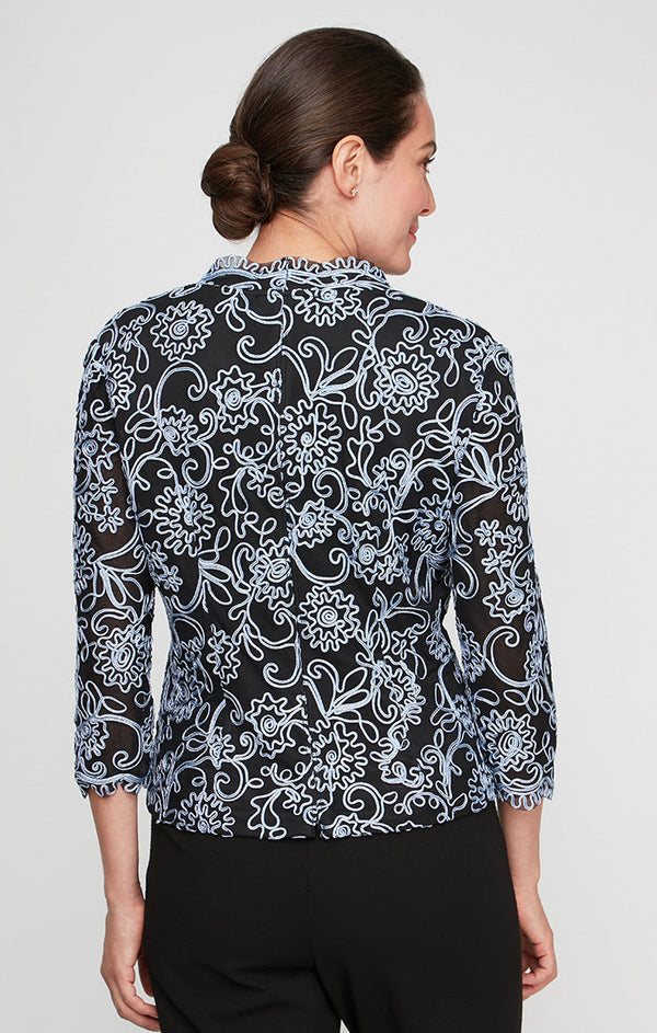 Petite 3/4 Sleeve Embroidered Blouse with Center Front Scallop Detail and Illusion Sleeves