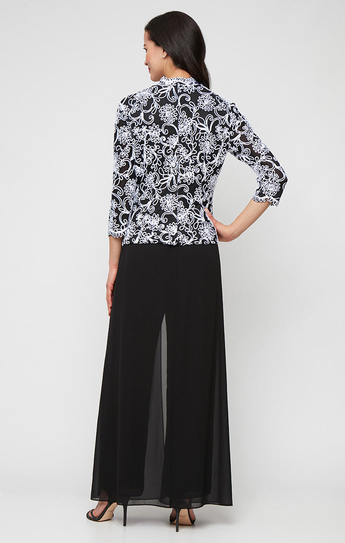 Embroidered Blouse with Center Front Scallop Detail and Illusion Sleeves